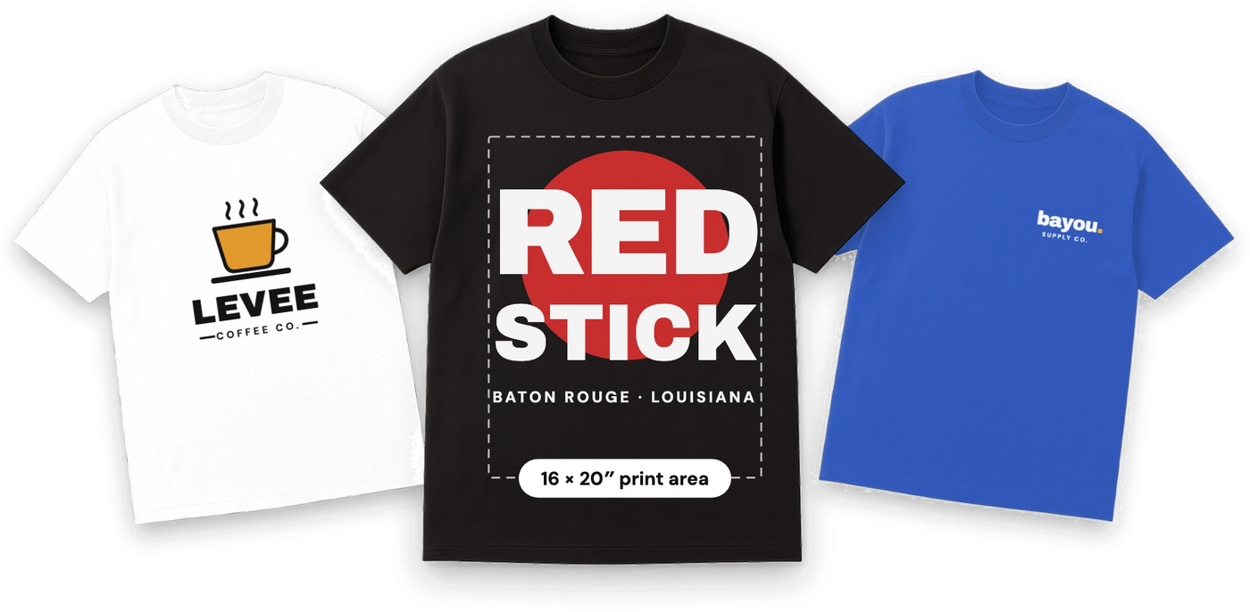 Three custom printed tees: a white coffee-shop logo tee, a black full-front Red Stick print, and a blue left-chest tee